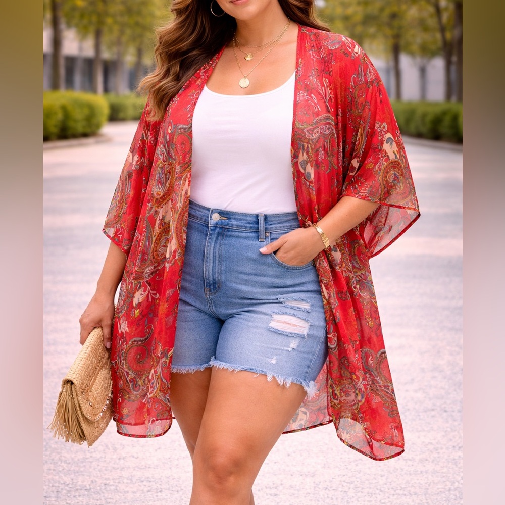 Truth Coral Sheer Paisley Kimono 2X